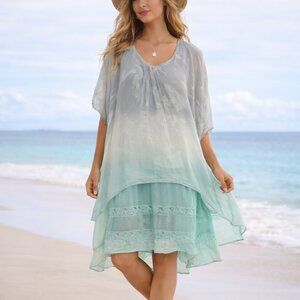 Belle France Ombre Silk Tunic Dress Boho Lagenlook Lace Hem Made in Italy S